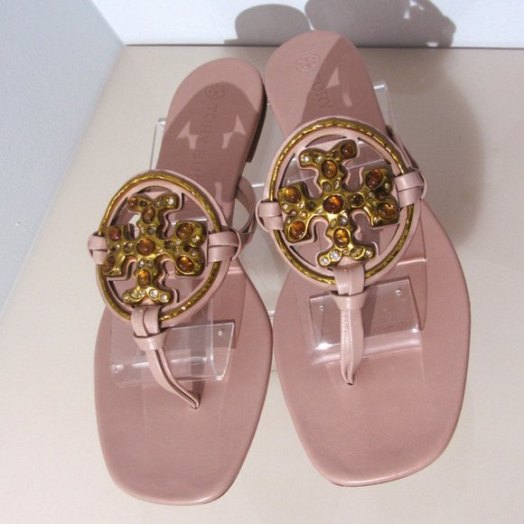 Tory Burch Miller Jeweled Leather Thong Sandals Meadowsweet Peachy Pink - Picture 14 of 14